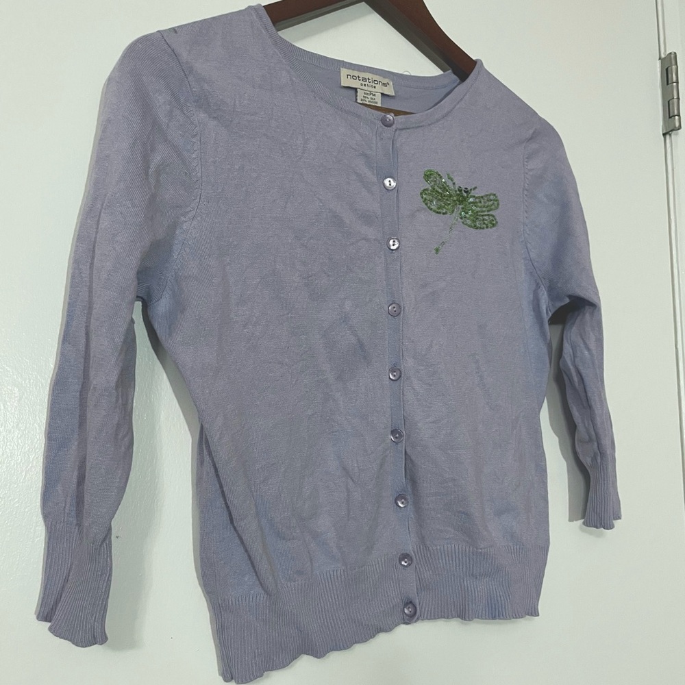 90s Y2K Notations silk-blend periwinkle Cardigan Sweater with Dragonfly Detail